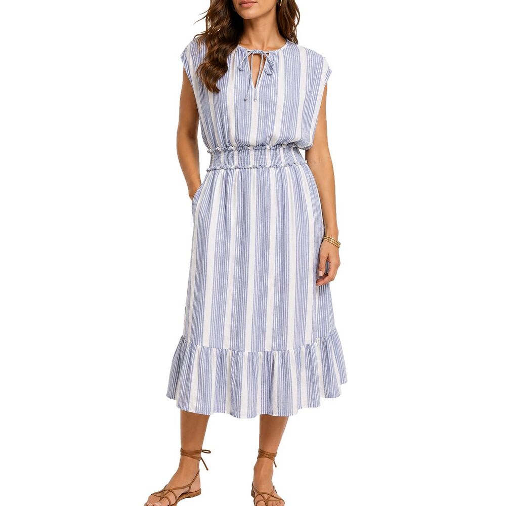 Rails Dress M Blue White Stripe Linen Blend Tiered Midi Pockets Smocked Waist